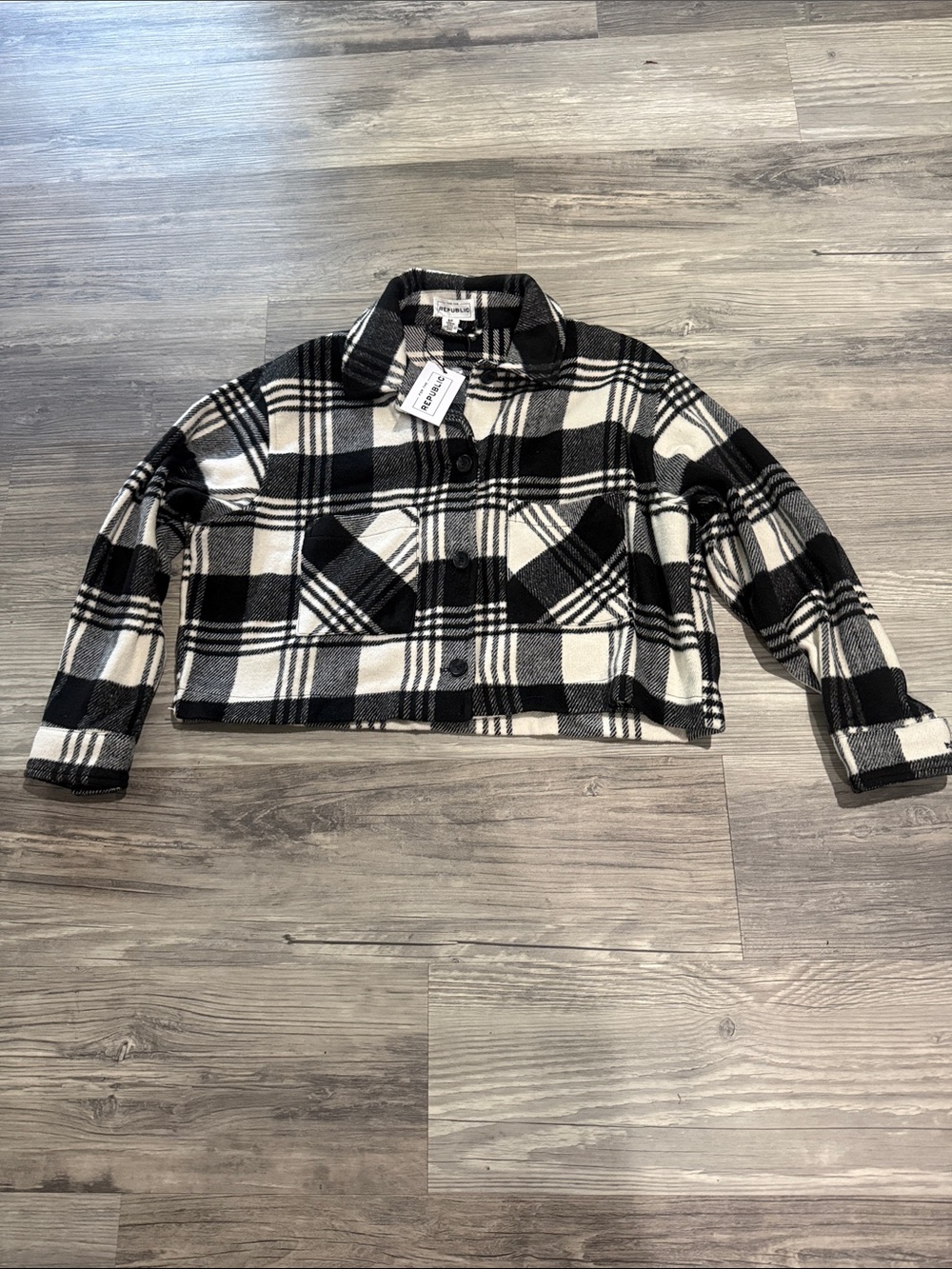 Blank NYC Black and White Plaid Cropped Teddy Jacket